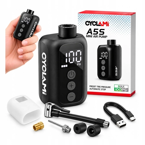 Mini pompka rowerowa elektryczna CYCLAMI A5S z opakowaniem i akcesoriami