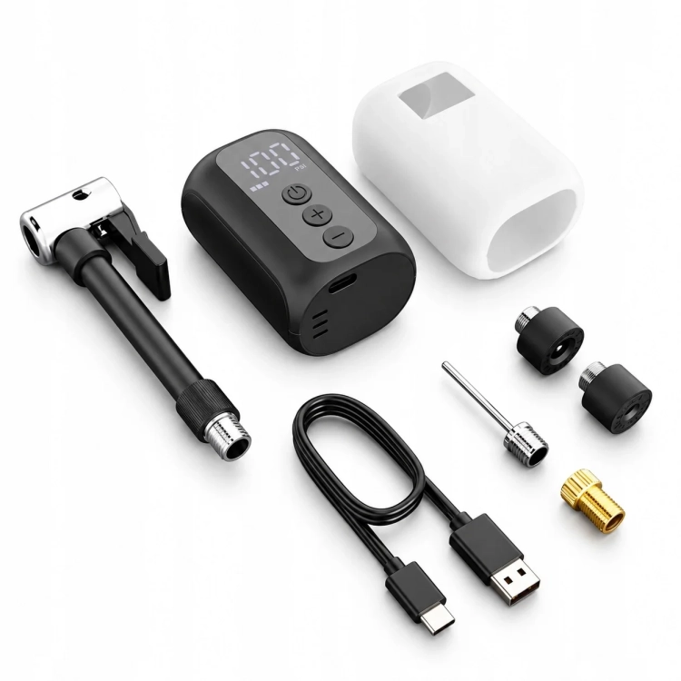 Zestaw CYCLAMI A5S: pompka, etui, wężyk, końcówki, igła i kabel USB-C