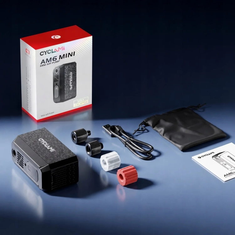Zestaw CYCLAMI AM6 Mini: pompka, szybkozłączki, kabel, woreczek i opakowanie