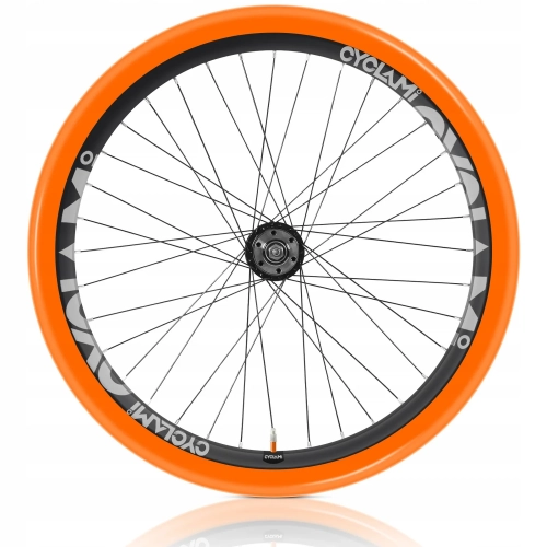 Pomarańczowa dętka CYCLAMI MTB 63G na kole roweru górskiego