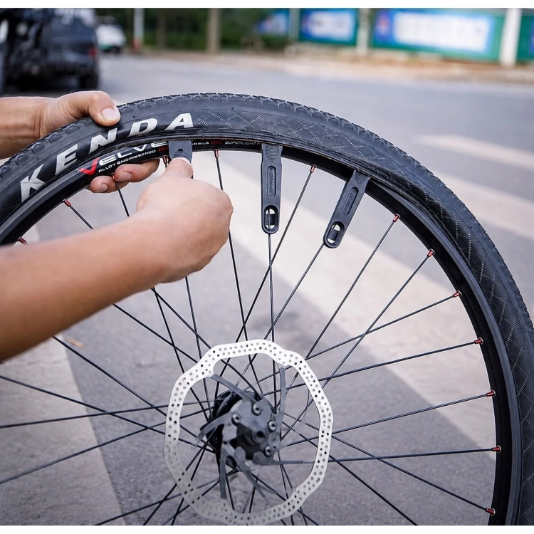 Zdejmowanie opony rowerowej łyżkami CYCLAMI QT1 zaczepionymi o szprychy