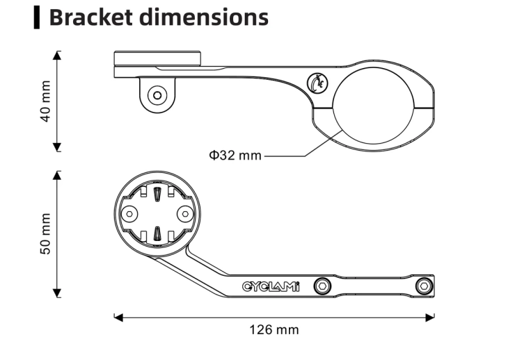 Wymiary uchwytu CYCLAMI S5: 126 mm długości, obejma 32 mm