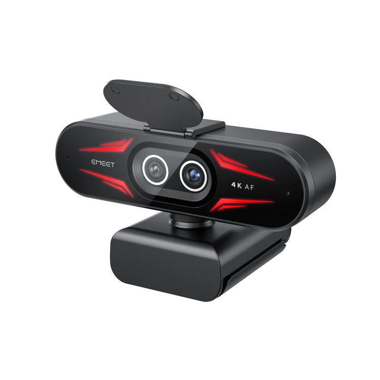 EMEET C60E 4K Dual z czerwonym podświetleniem RGB, widok z ukosa