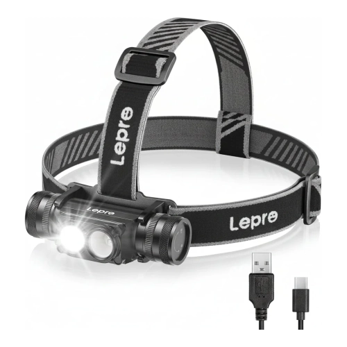 Latarka czołowa Lepro PR320018 1000 lm z włączonym reflektorem i kablem USB-C