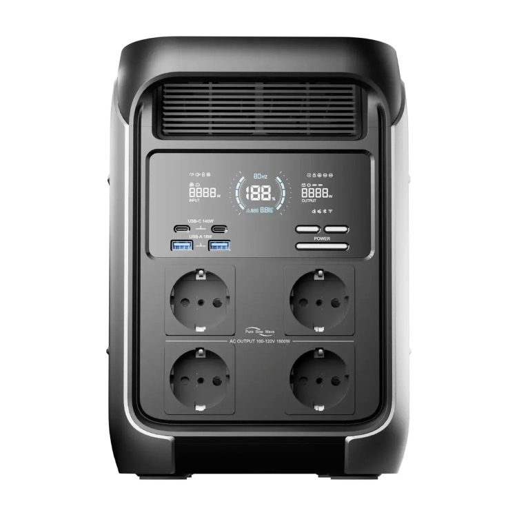 Panel przedni ALLPOWERS VOLIX P1800 z wyświetlaczem, portami USB-C i USB-A oraz gniazdami 230 V