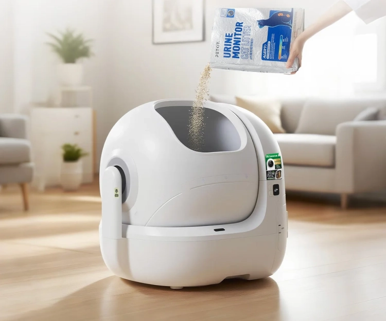 Dosypywanie żwirku do bębna kuwety PETKIT Purobot Max Pro 2 ustawionego otworem do góry