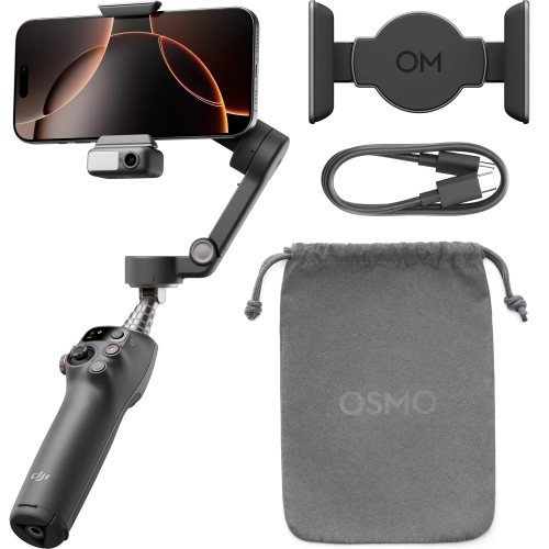 Zestaw DJI Osmo Mobile 7P: gimbal z telefonem, moduł śledzący, kabel i etui