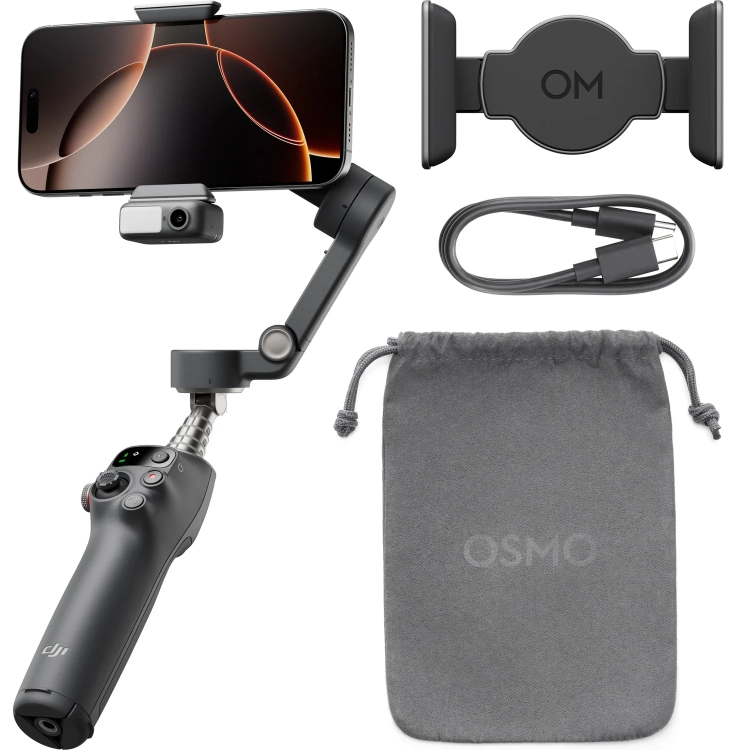 Zestaw DJI Osmo Mobile 7P: gimbal z telefonem, moduł śledzący, kabel i etui