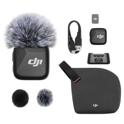 Nadajnik DJI Mic Mini w kolorze czarnym z osłonami przeciwwietrznymi, kablem i etui