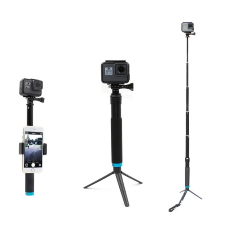 Selfie stick Telesin z kamerą sportową w trzech konfiguracjach, także jako statyw