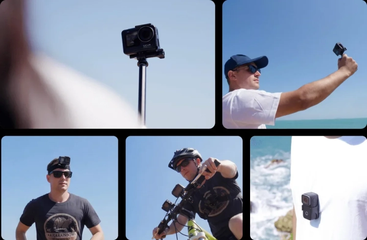 Kolaż: kamera SJCAM SJ4000 WiFi na kasku, rowerze i w ręku podczas selfie