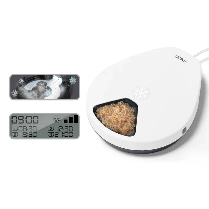 Karmnik UBPet F10 z widokiem ekranu LCD z zegarem i godzinami posiłków