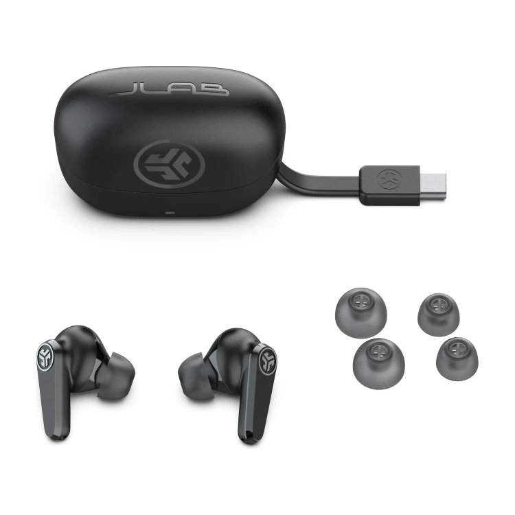Zestaw JLab Go Pods ANC: etui z kablem USB-C, dwie słuchawki i nakładki