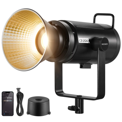 Lampa LED NEEWER CB200B z reflektorem, osłoną, przewodem i aplikacją w telefonie