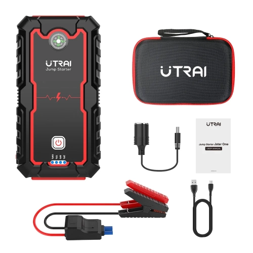Zestaw UTRAI JS One: urządzenie, klemy, etui, adapter gniazda zapalniczki i kabel USB-C
