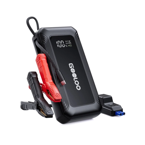 Czarne urządzenie rozruchowe GOOLOO G7 z klemami i wbudowanym kablem USB-C