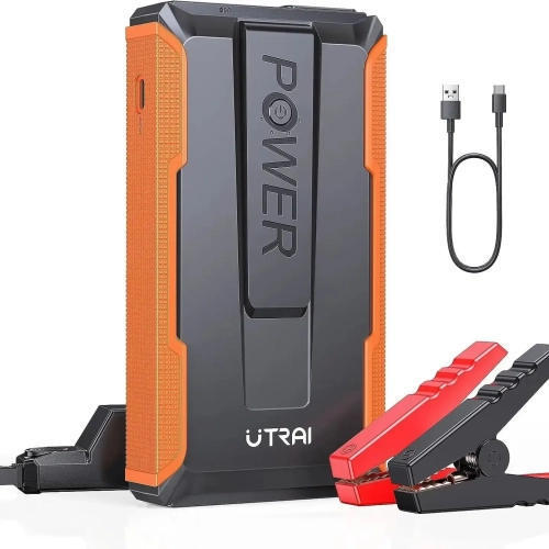 Urządzenie rozruchowe UTRAI T1 w szaro-pomarańczowej obudowie z klemami i kablem USB-C
