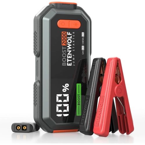 Urządzenie rozruchowe Etenwolf J1 Boost 2000 z wyświetlaczem 100% i klemami rozruchowymi