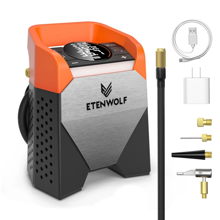 Kompresor Etenwolf Zephyr S5 z wężem, ładowarką USB-C 30 W i końcówkami do pompowania