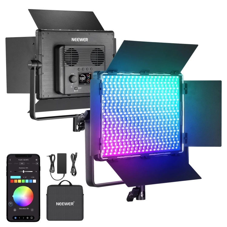 Panel LED NEEWER PL60C RGB z wrotami, zasilaczem, torbą i aplikacją w telefonie