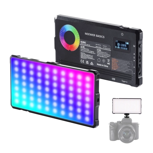 Lampa RGB NEEWER BASICS SL90C, przód i tył, oraz zamontowana na aparacie