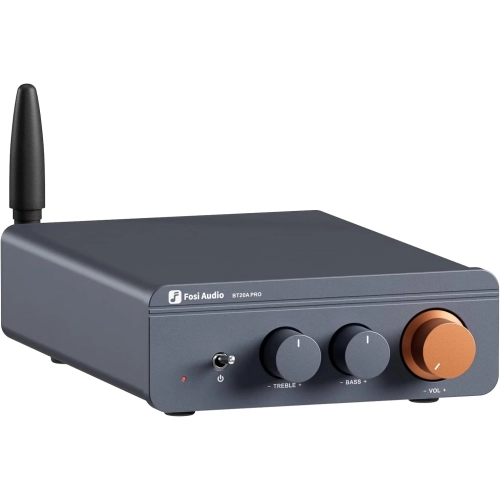 Wzmacniacz głośnikowy Fosi Audio BT20A PRO z anteną Bluetooth, widok z przodu