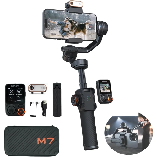 Gimbal Hohem iSteady M7 OUTLET z telefonem, pilotem z ekranem, lampą, statywem i etui