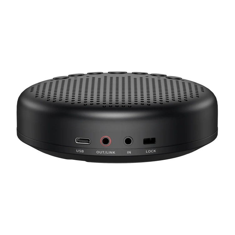 Porty EMEET Luna: USB-C, AUX, LINK i zamek