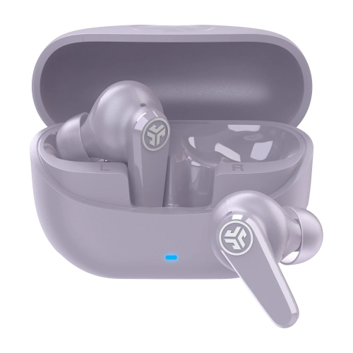 Fioletowe słuchawki JLab Go Pods ANC (Lilac) w otwartym etui