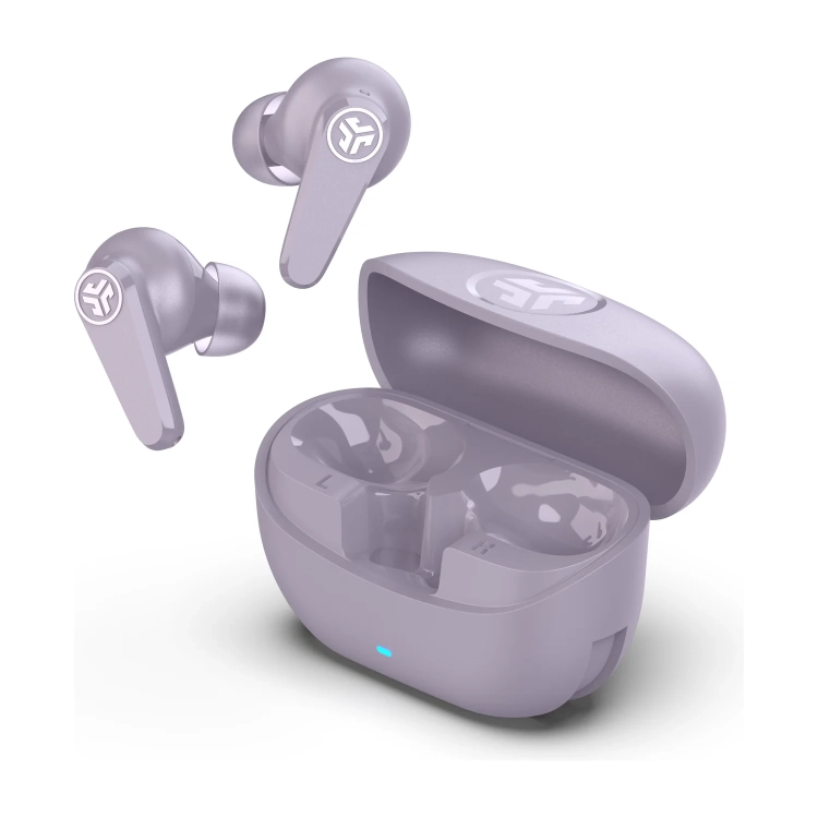 JLab Go Pods ANC Lilac: słuchawki unoszące się nad etui