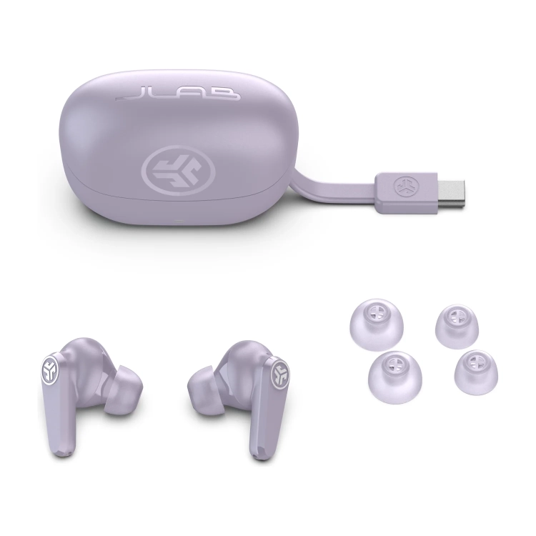 Zawartość pudełka JLab Go Pods ANC Lilac: etui z kablem, słuchawki, nakładki