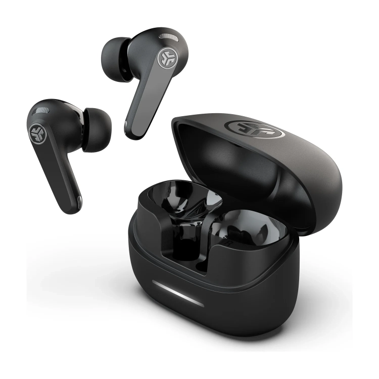 JLab JBuds Pods ANC: dwie słuchawki nad uchylonym etui