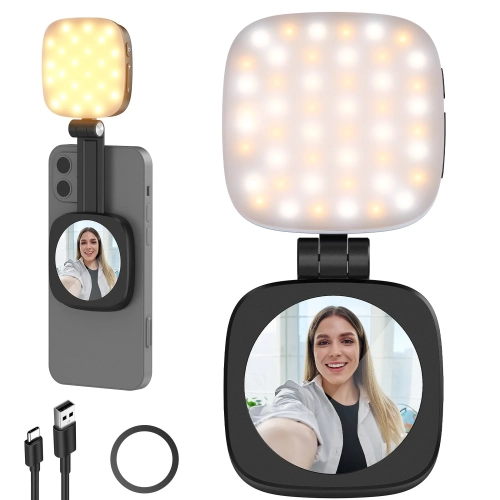 Czarna lampka NEEWER BASICS NL48B na telefonie i z lusterkiem, z kablem i pierścieniem