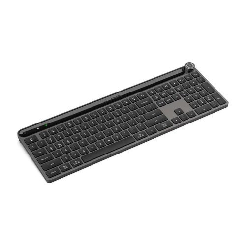 JLab Epic Wireless Keyboard pod kątem, widoczne pokrętło multimediów