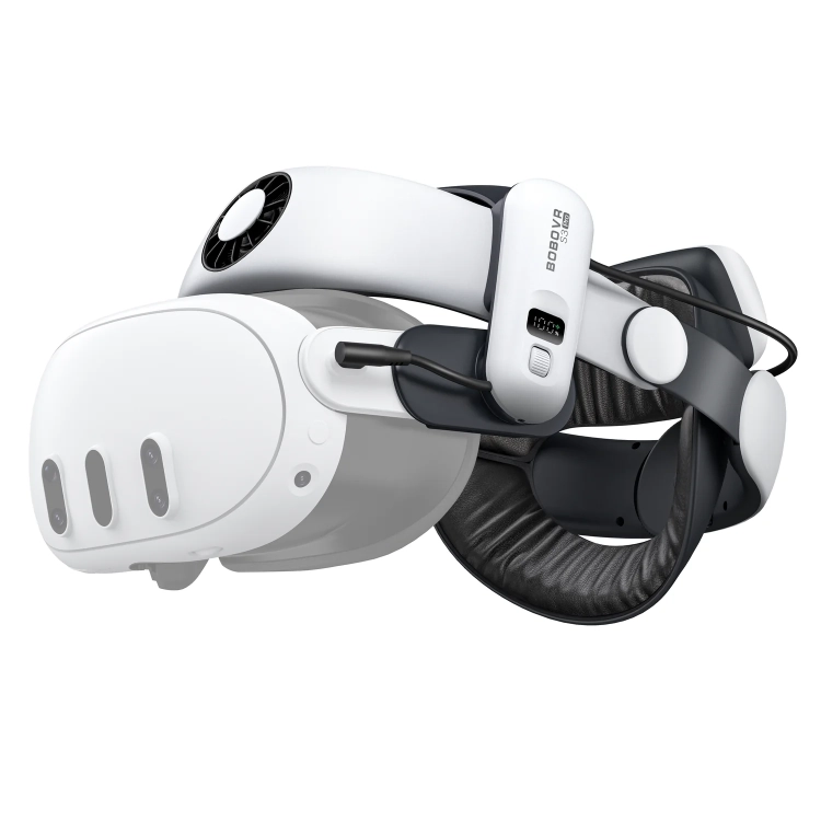 Pasek BOBOVR S3 Pro z akumulatorem B100 założony na gogle Meta Quest 3