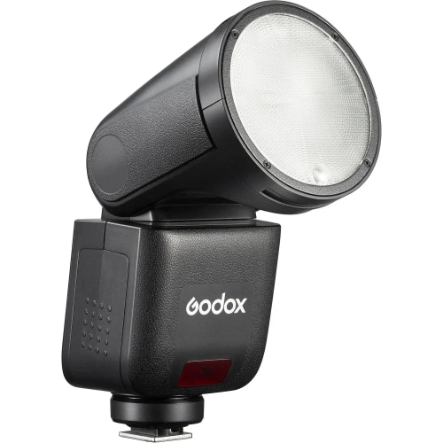 Lampa błyskowa Godox V1 mid do Canon z przodu pod kątem, okrągła głowica