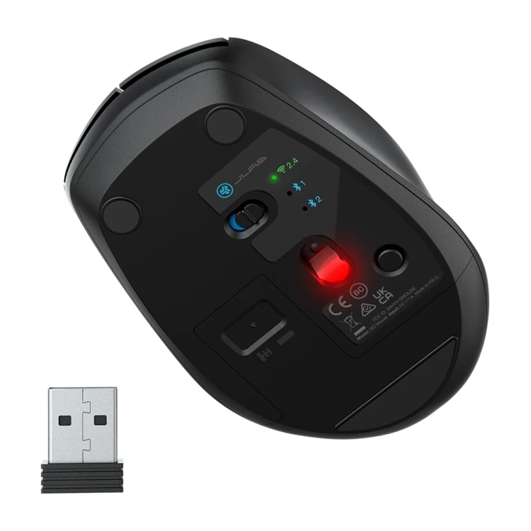 Spód myszy JLab GO z przełącznikiem trybów i odbiornikiem USB