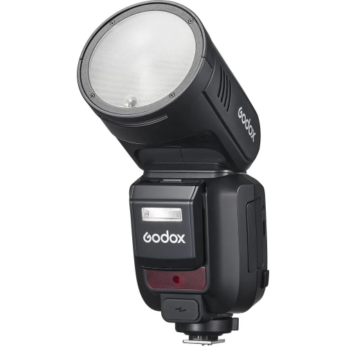 Lampa błyskowa Godox V100 do Canon z przodu pod kątem z prawej