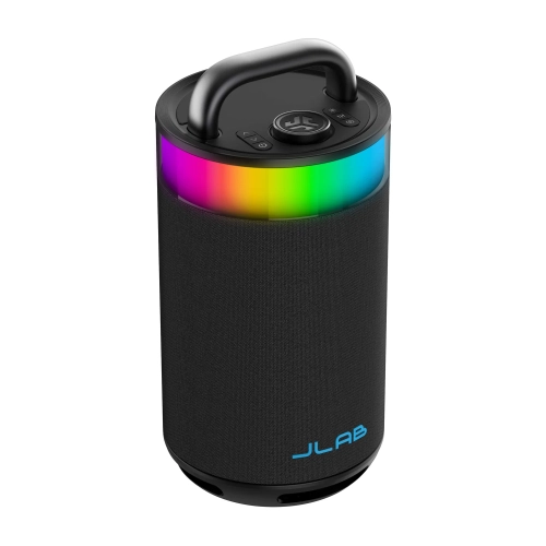 JLab Epic Party pod kątem, pierścień RGB i panel przycisków
