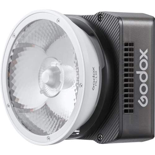 Lampa LED Godox ML40R RGB z odbłyśnikiem ML-L10, widok z przodu pod kątem