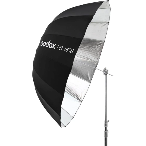Parasolka paraboliczna Godox UB-165S srebrne wnętrze z boku na statywie