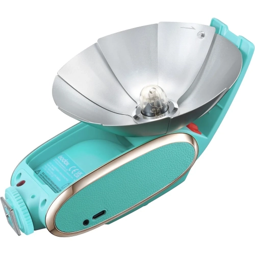 Lampa błyskowa retro Godox Lux Senior miętowa z rozłożonym odbłyśnikiem z góry