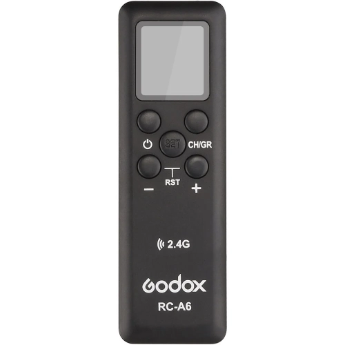 Pilot Godox RC-A6 z ekranem LCD i przyciskami, widok z przodu