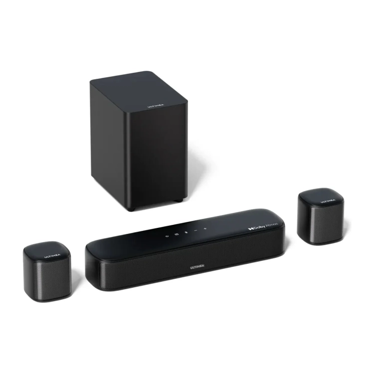 Soundbar Ultimea Aura A50 Pro z subwooferem i dwoma okrągłymi głośnikami surround