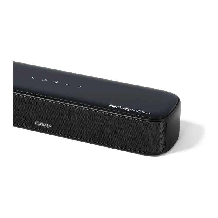Soundbar Ultimea Aura A50 Pro z bliska, przyciski na górnej ściance i logo Dolby Atmos