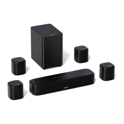 Soundbar Ultimea Aura A60 z małym subwooferem i czterema okrągłymi głośnikami surround