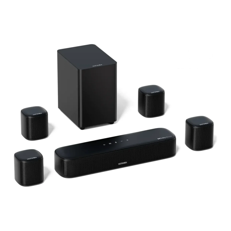 Soundbar Ultimea Aura A60 z małym subwooferem i czterema okrągłymi głośnikami surround