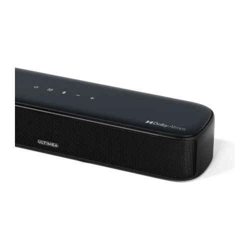 Soundbar Ultimea Aura A60 z bliska, przyciski dotykowe i nadruk Dolby Atmos na belce