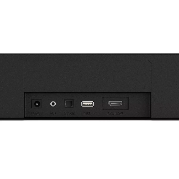 Złącza z tyłu soundbara Ultimea Poseidon D50: zasilanie, AUX, optyczne, USB i HDMI eARC