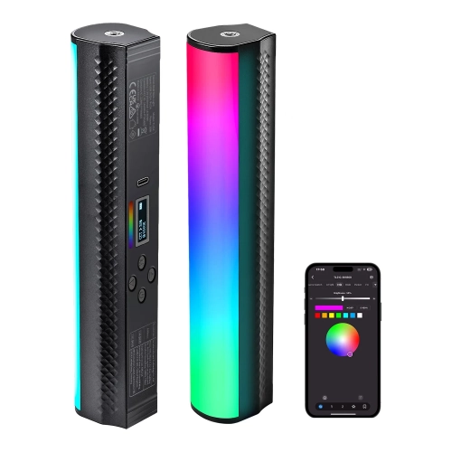 Dwie lampki NEEWER TL21C, przód z ekranem i bok RGB, z aplikacją w telefonie